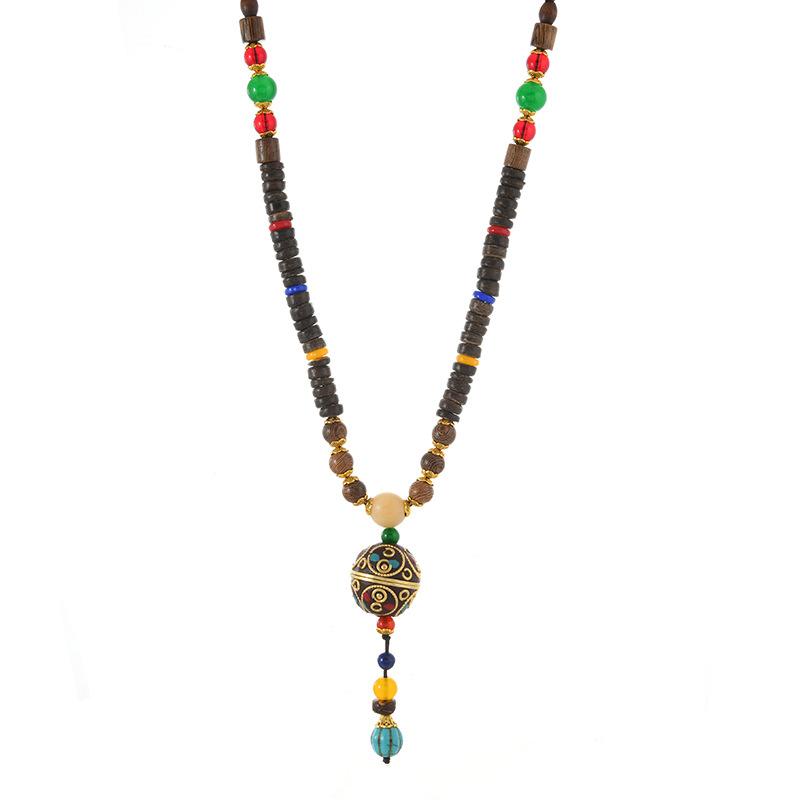 Nepalesiskt halsband retro litterärt träpärlat långt exotiskt tröjkedja damaccessoarer
