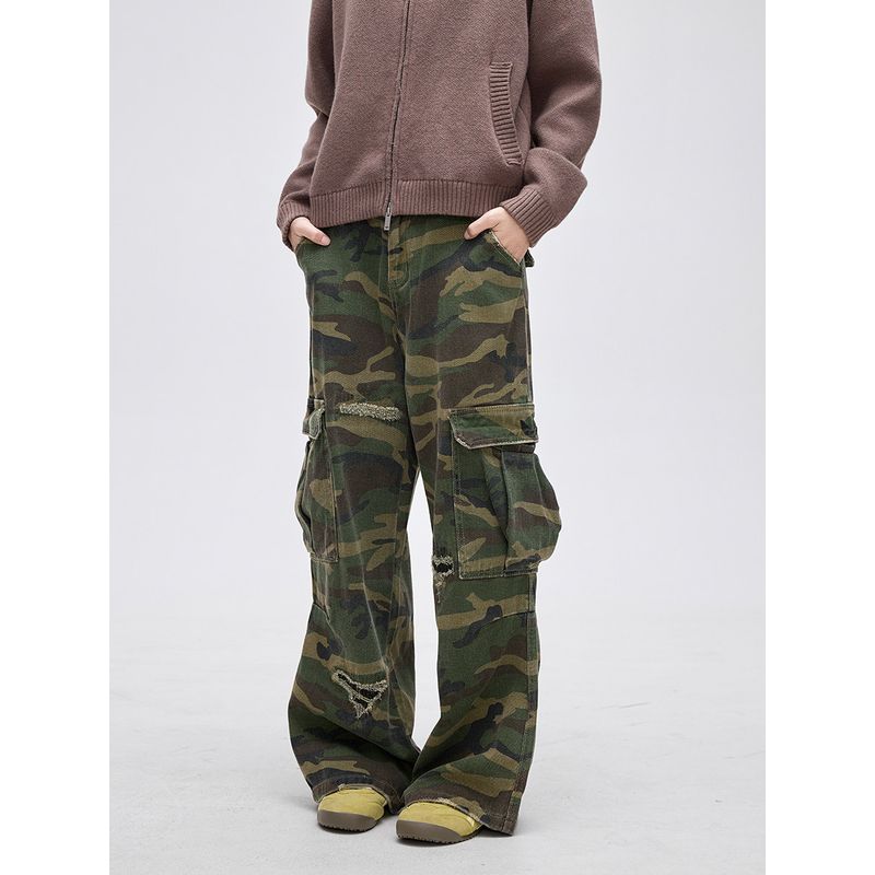 Black of Exit American Street Style Distressed Camouflage Patchwork Straight-Leg Cargo Pants Trendy Casual Pants for Men