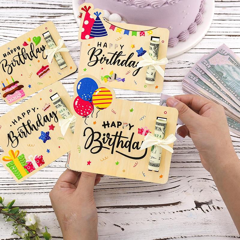 

4Pcs Birthday Money Holder For Cash Gift Ideas - Fun Money Gift Cash Holder, Wooden Money Birthday Card Holder