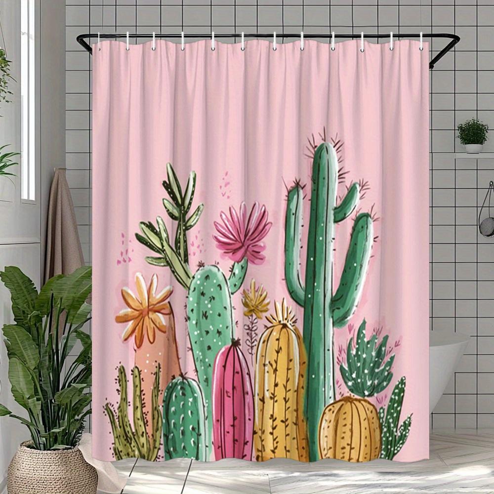 Cactus Garden Shower Curtain Colorful Succulents On Pink Background Polyester Bath Curtain With Hooks For Boho Decor