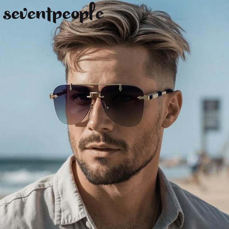 Steampunk Oversized Rimless Pilot Sunglasses Men Luxury Brand Trendy Oval Metal Punk Sun Glasses Retro Outdoor Shades UV400