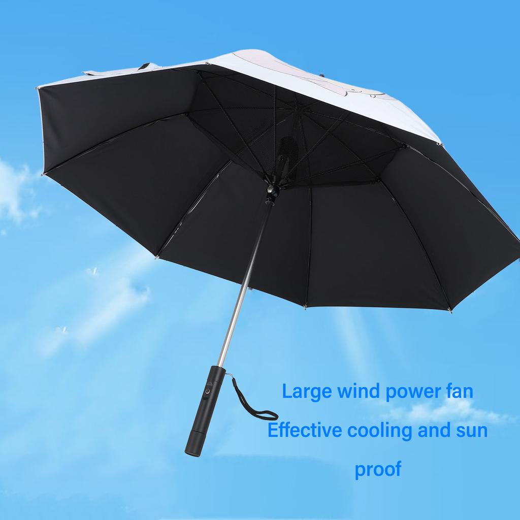 Fan Umbrella 8 Ribs Straight Handle Rechargeable Vinyl Pongee Fabric with Cooling Fan Sun Rain Umbrella for Outdoor