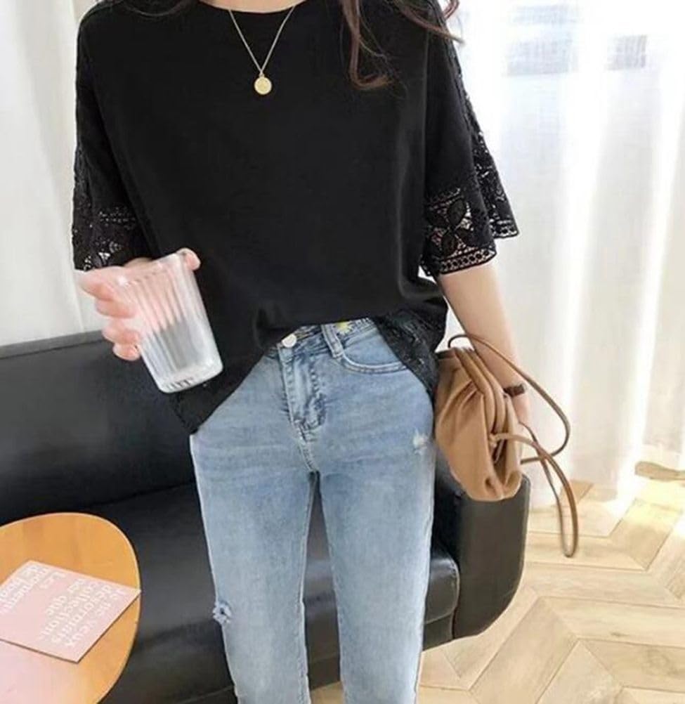 YAYUPLUS Shirt Openwork Embroidered Floral Short Loose Full Voluminous Feminine Free Women's Blouse, Top, Knit, Print, Lace, Sleeve, Fit, Lace,