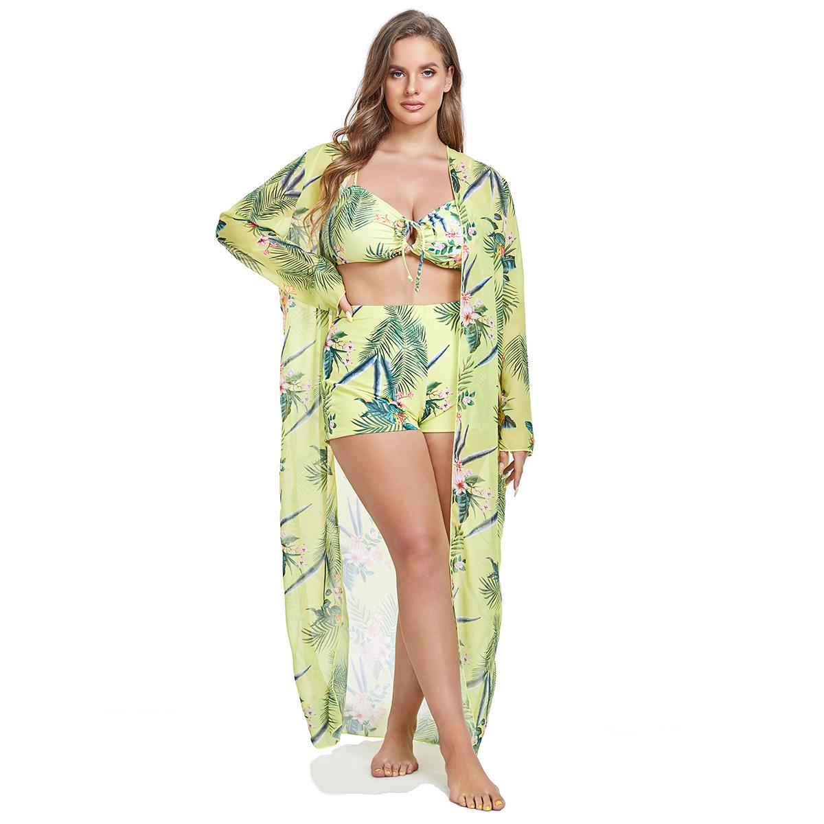 

Cross-Border Exclusive Sexy Plus Size Three-Piece Swimsuit with Printed Front-Opening Cover-up 3X