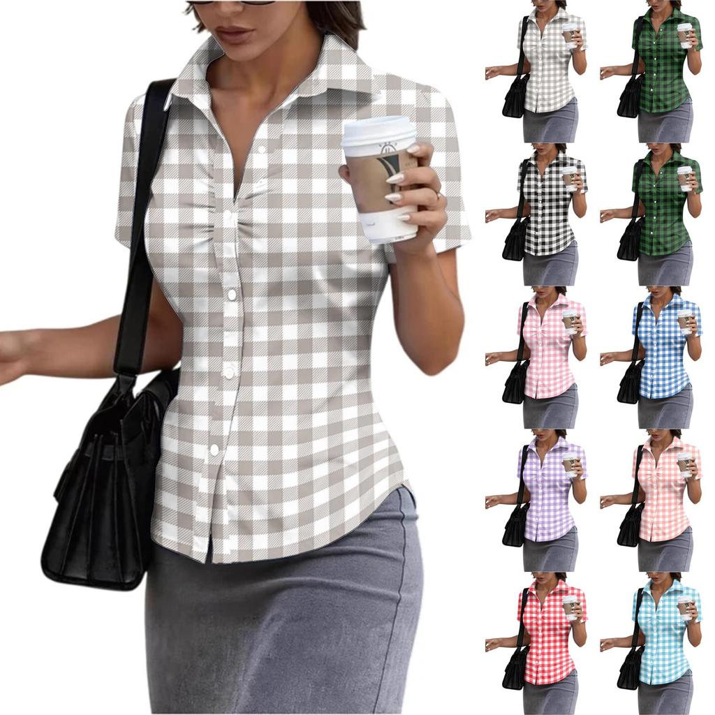 Women's Short Sleeve Button Down Shirt Slim Fit Collared Blouse Lightweight Breathable Summer Top for Casual Workwear