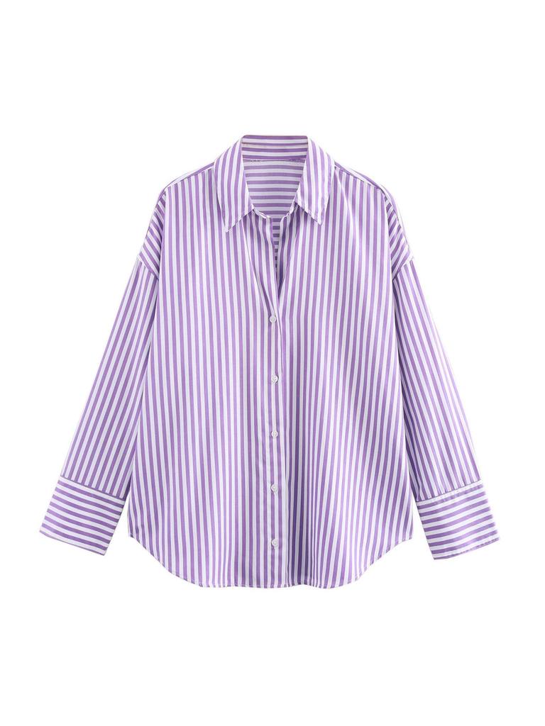 Spring & Autumn Women's European & American Style Striped Lapel Single-Breasted Loose Long Sleeve Shirt