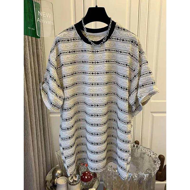

Striped Jacquard Short-sleeved T-shirt Women s Summer Loose High-end Temperament Mid-length Top Trendy L белый