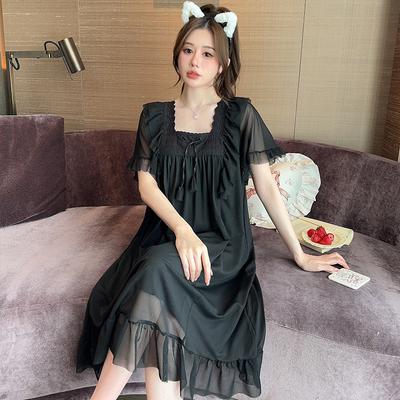 Linglei Summer Solid Color Lace Bow Mesh Court Princess Style Long Nightdress Pajamas Loungewear Women