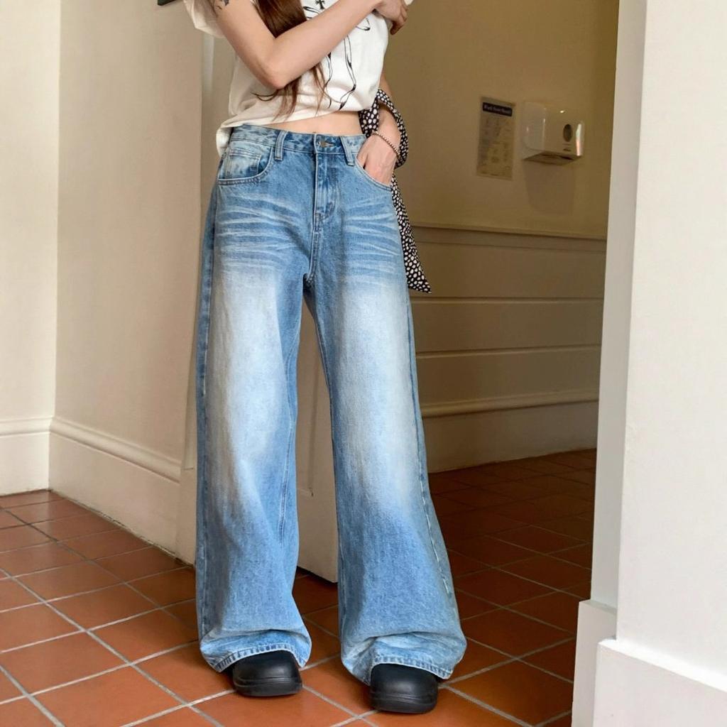 Drapey Sense of The High-waisted Wide-legged Jeans Women's Blue Autumn Versatile Loose and Skinny Dragging Straight Trousers Long Denim Pants