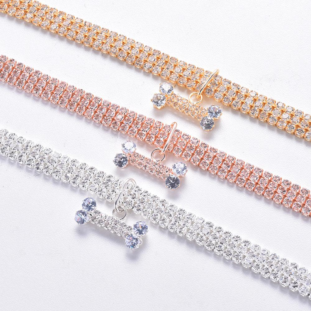 Pet Collar with Diamonds Adjustable Crystal Diamond Elastic Bone Pendant Wedding Cat Small Dog Puppy Necklace Jewelry for Yorkie