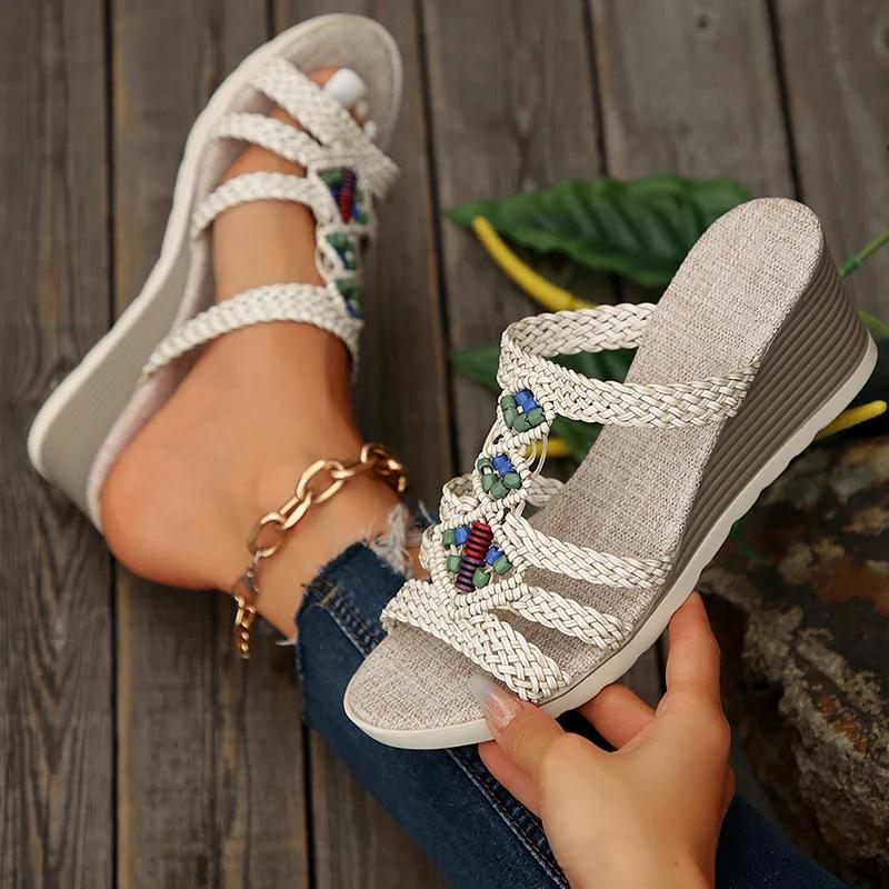 Fashion Bohemia Woven Wedge Heel Sandals Women Summer Thick Bottom Casual Sandles Woman Lightweight Non Slip Gladiator Sandalias Mujer