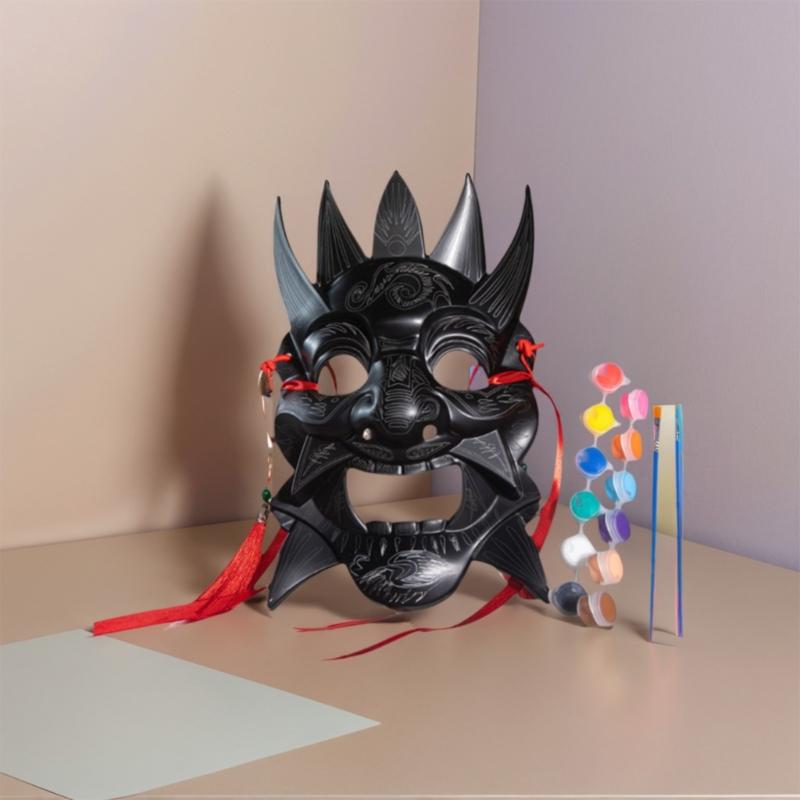 Blank Nuo Operas Mask with Pigment Drawing Brush Photo Ribbon Set DIY Unpainted Masquerade Mask Set Blank Paintable Mask