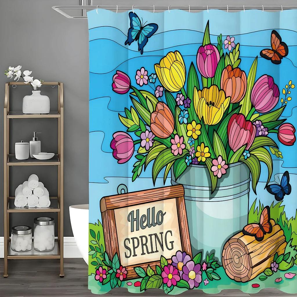 Spring Flower Butterfly Shower Curtain, Bathroom Decorative Shower Curtain, Waterproof Shower Curtain with Hooks