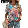 S-8XL Plus Size T-shirt for Women's Summer Short Sleeve Casual Tops Street Fashion V Neck T-Shirt Female Clothing Pullover