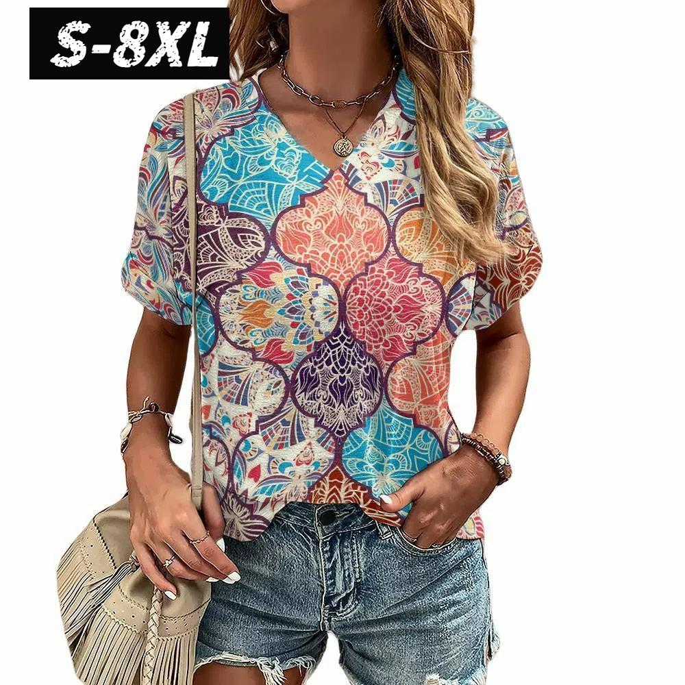 S-8XL Plus Size T-shirt for Women's Summer Short Sleeve Casual Tops Street Fashion V Neck T-Shirt Female Clothing Pullover