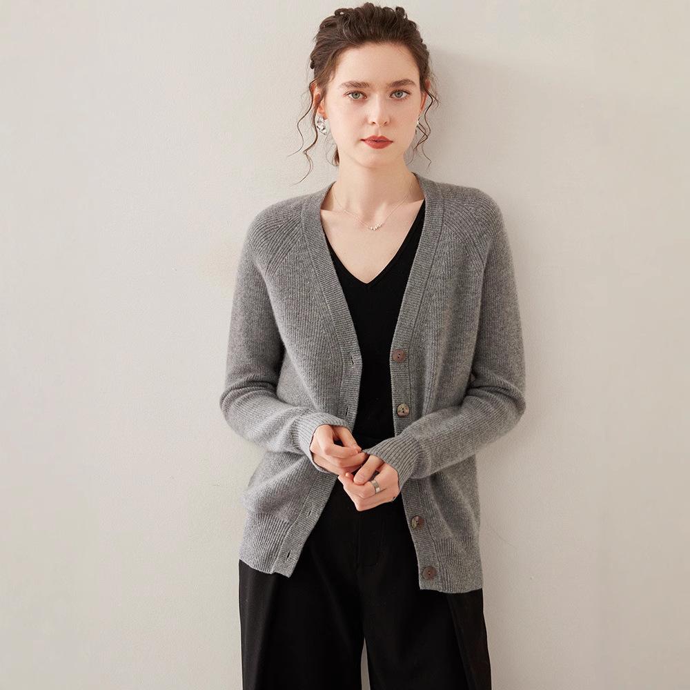 Women's Cashmere V-Neck Knit Cardigan - Warm, Loose, Slimming Sweater for Autumn & Winter