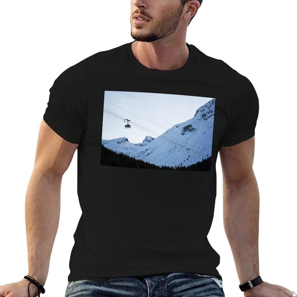 Cable Car with Winter Snowy Mountains Alsps T-Shirt Big Size Crew Neck T-Shirt