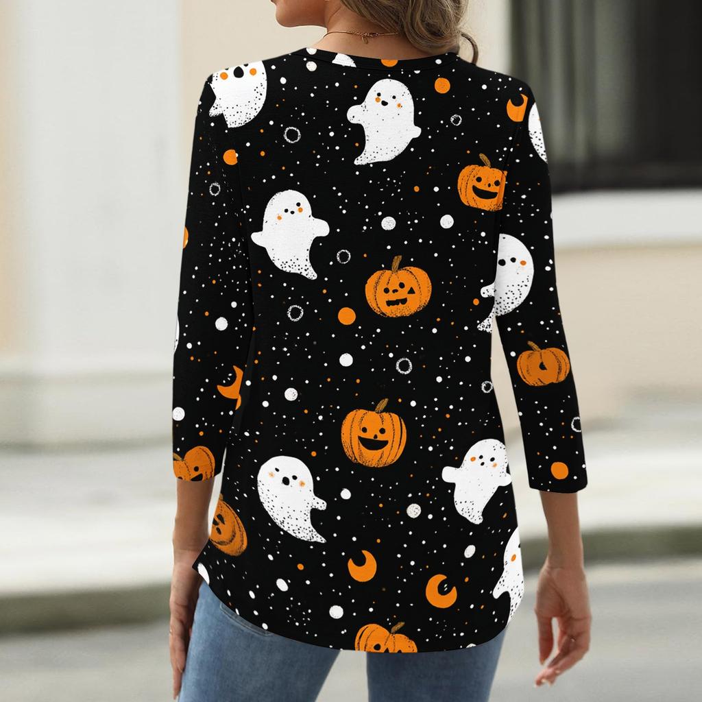 Women's Casual Halloween Print V Neck Button Front Three Quarter Sleeve T Shirt Top Lightweight Soft Fabric Comfortable Fit