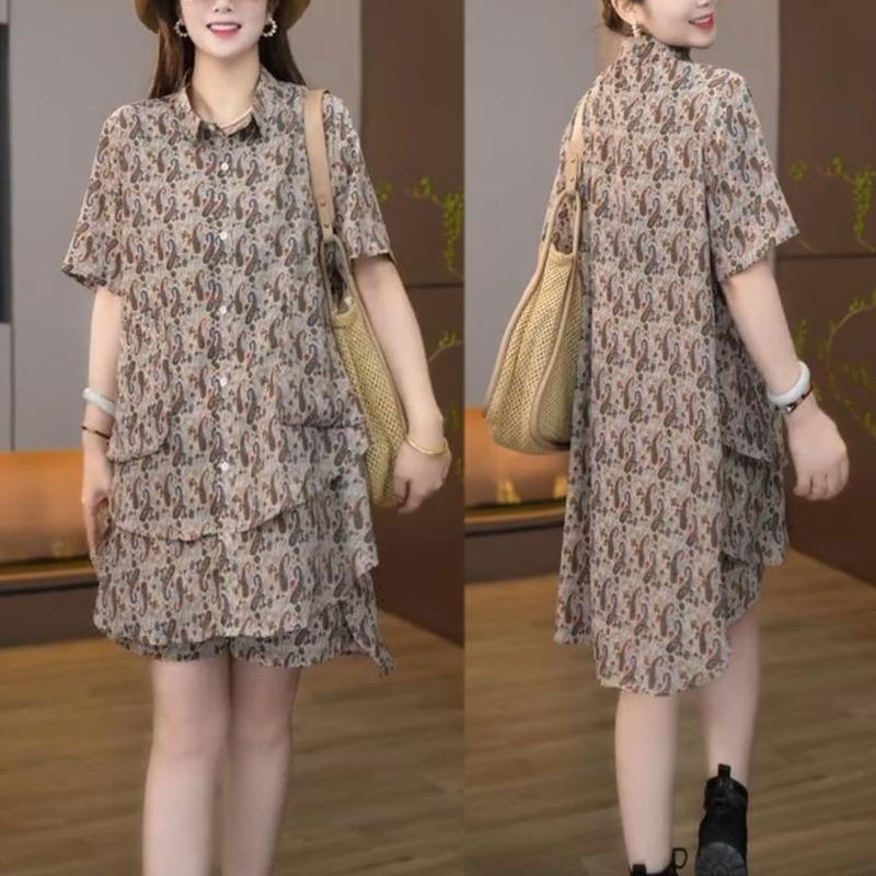 Printed Summer Fashion Two Piece Set Loose Plus Size T Shirt and Shorts Pants Slimming Outfit for Women