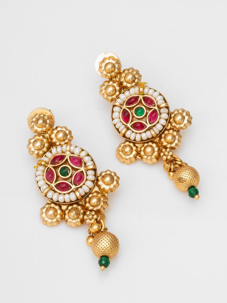Gold-Plated White Stone-Studded & Beaded Temple Jewellery Set