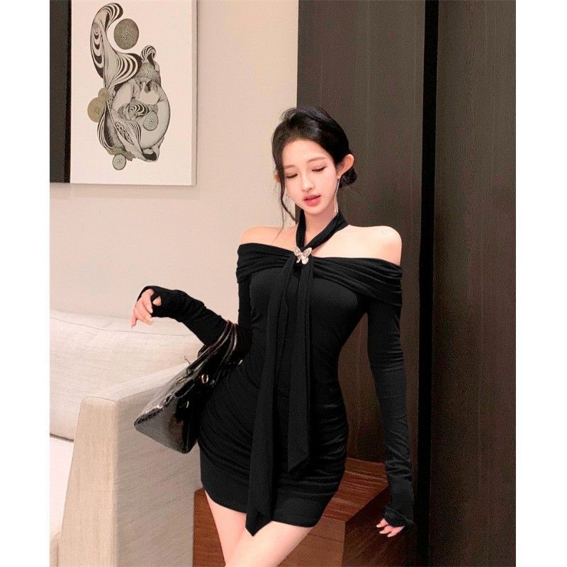 

Neck purple long-sleeved dress women s autumn and winter pure desire sexy hip-wrapped mom skirt one-word shoulder celebrity inner skirt S фиолетовый