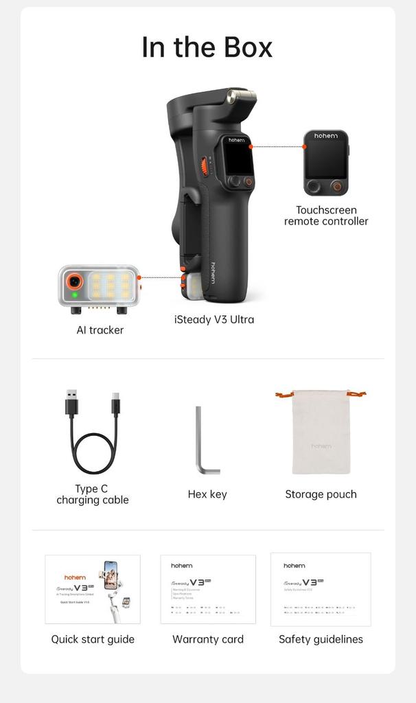 Hohem V3 Ultra AI Smartphone Stabilizer with Smart Touch Color Screen Fill Magnetic iOS Android Foldable and Portable Video Stabilizer Auto-Tracking