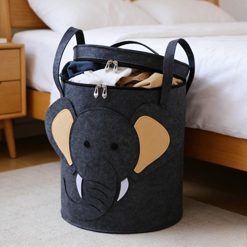 Felt Toy Storage Bucket with Lid, Cartoon Animal Dirty Clothes Basket, Portable Dustproof Laundry Bag