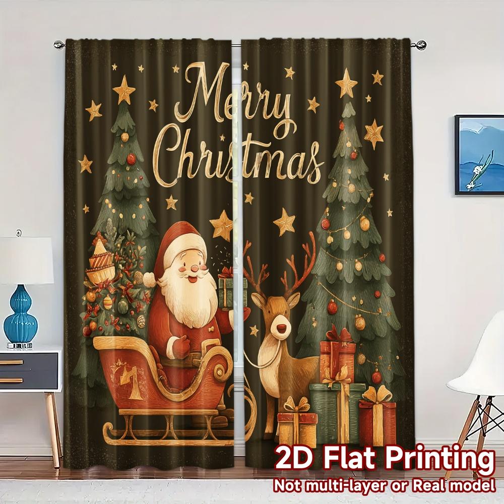 

Set Of 2 Flat Printing Jit Curtains Without Rod Festive Wonderland Fashionable Chic Polyester Easy Install Curtain W100*H70(CM)-Rod Pocket&1PCS