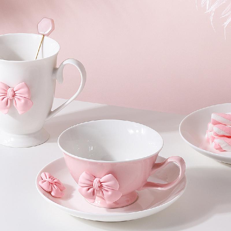 200ML Bow Ceramic Coffee Cup and Saucer Tableware Set Cute Girl Heart Cup and Saucer Set Afternoon Tea Latte Birthday Gift