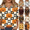 Womens Casual V Neck Button Detail Three Quarter Sleeve T Shirt Halloween Pumpkin Candy Print Top