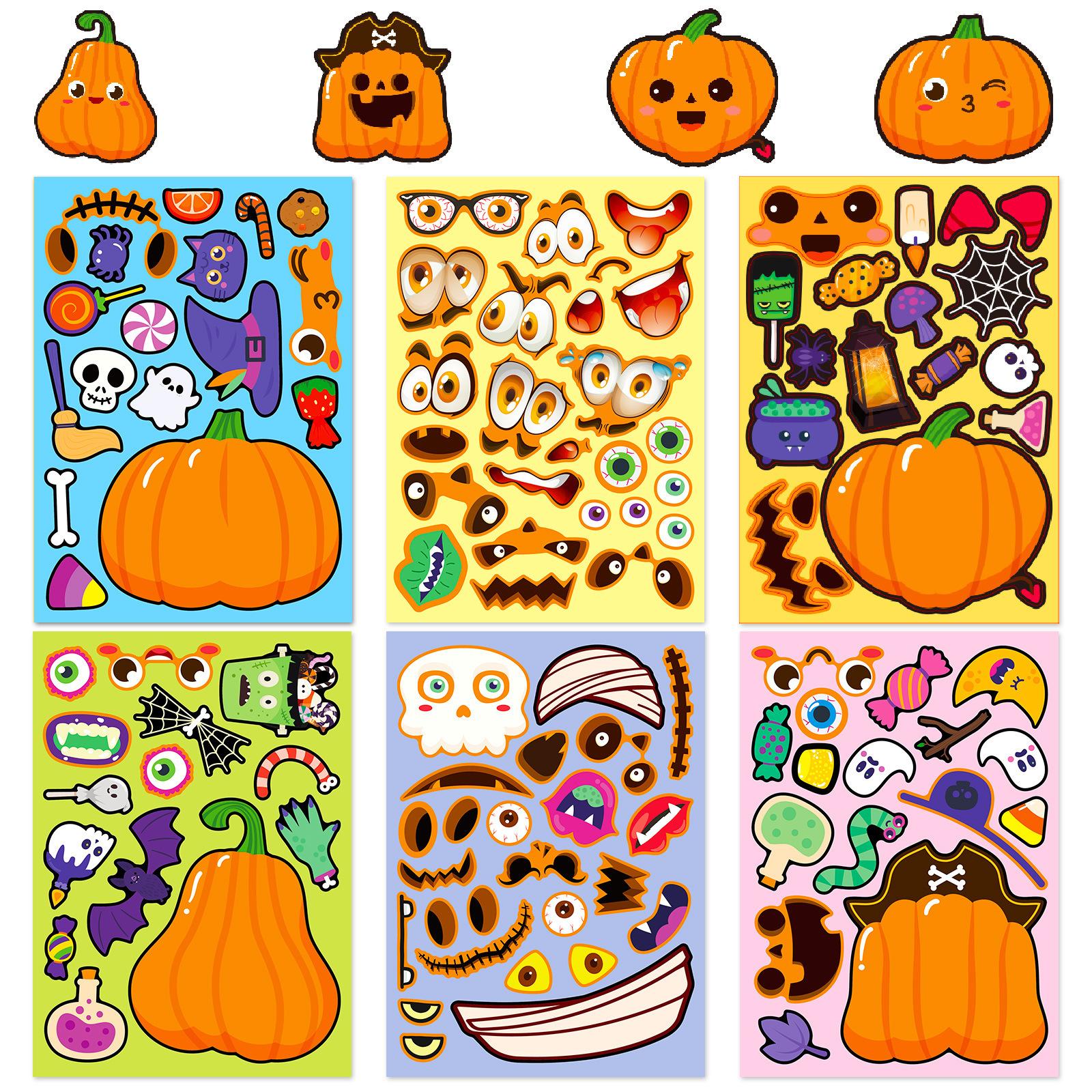 

6 Sheets/Pack Halloween Pumpkin Puzzle Stickers Children S Cartoon Graffiti Pumpkin Face Change Stickers