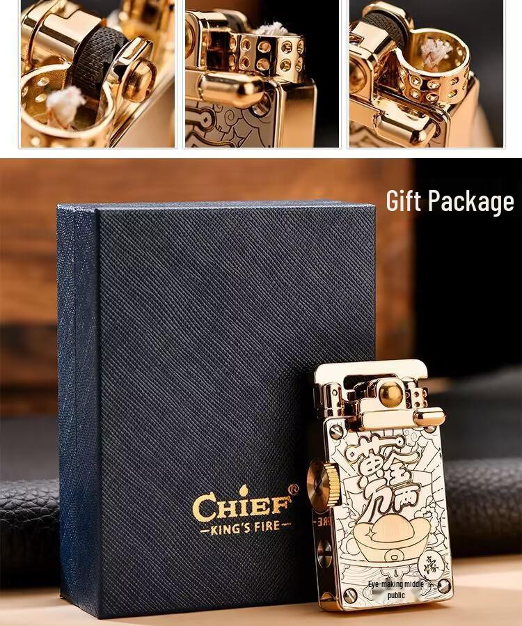 CHIEF CF708 Brass Engraved Windproof Kerosene Lighter with Rocker Ejection Ignition