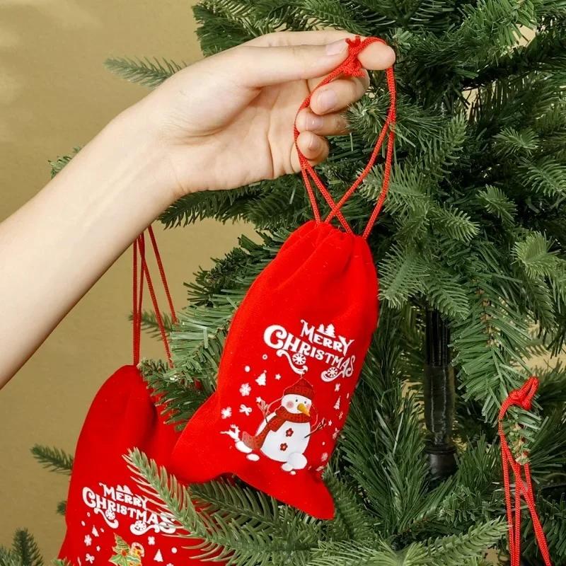 10PCS Drawstring Christmas Velvet Bags Red Gift Packaging Bag Candy Biscuit Pouch Merry Christmas Bracelet Jewelry Storage Bag
