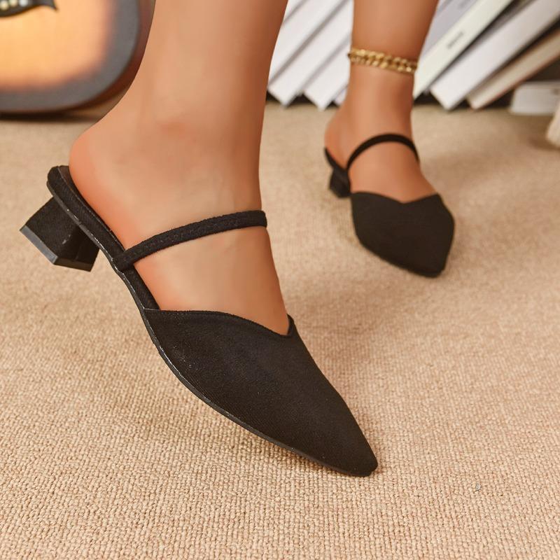 Fashion Fashion Velvet Bread Head Semi-drag Summer New Pointed Toe Shallow Cuff Foot Non-slip Wear-resistant Square Heel Shoes