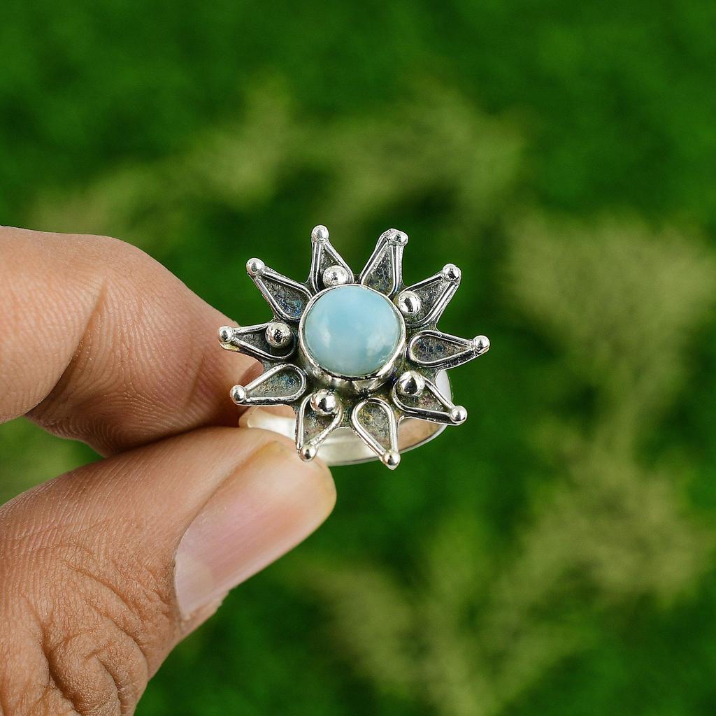Sterling Silver Larimar Stone Birthday Engagement Promise Flower Statement Ring