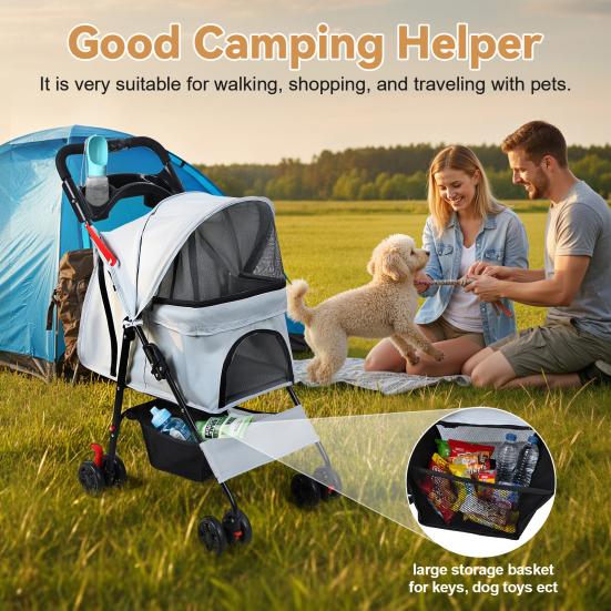 4 Wheels Pet Stroller, Foldable Cat And Dog Stroller with Mesh Windows, Cup Holder, Storage Basket, Breathable Pet Strolling Cart Holds Up To 22lbs