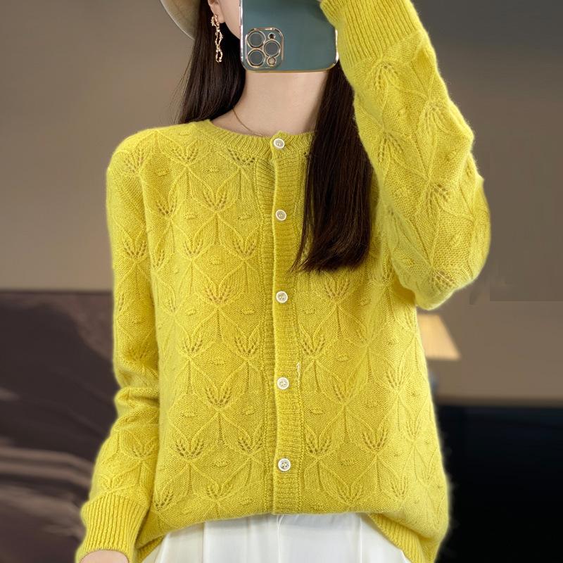 Cardigan in maglia di lana con scollo rotondo e jacquard, da donna, primavera e autunno, giacca in maglia cava larga