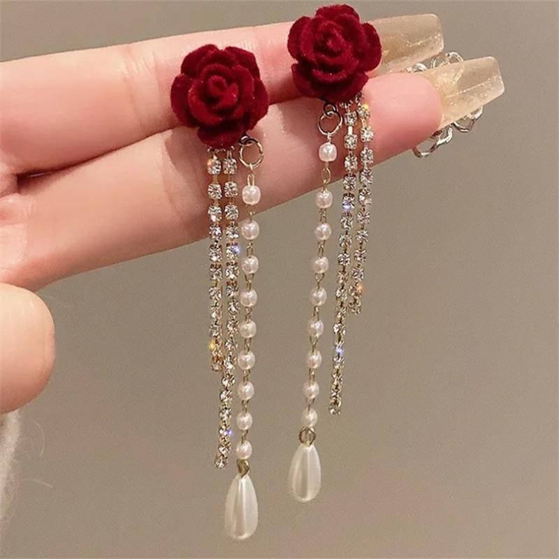 Elegantní Módní Korejské Zirkonové Trhané kaméliové perlové střapcové Visací Náušnice pro Ženy Dívky Dárek Šperky Velkoobchod