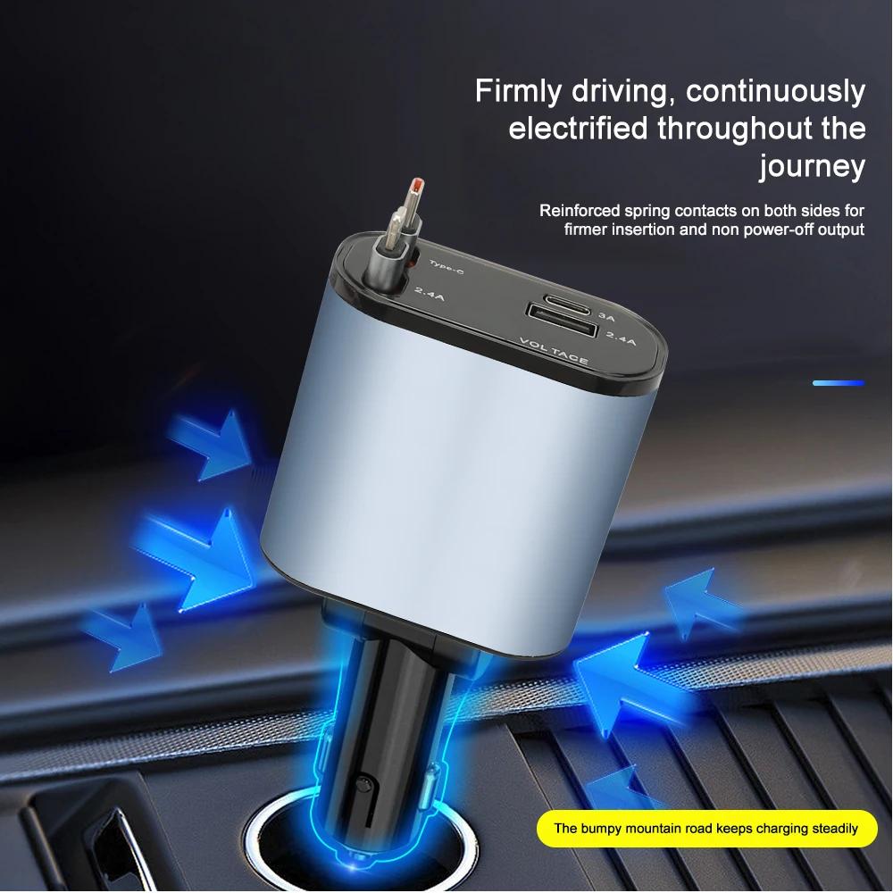 120W Super Fast Charging 4 IN 1 Retractable Car Charger USB C Cable For IPhone Huawei Samsung Cigarette Lighter Adapter PD QC3.0
