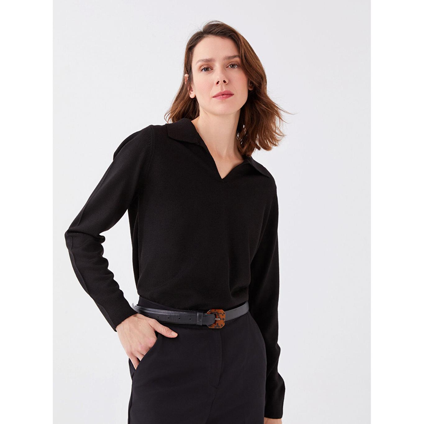 

Женский трикотажный свитер с воротником поло, прямой, с длинным рукавом, черный