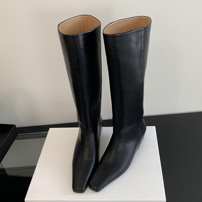 Fashion Eilyken Soft Leather Pointed Toe Women Knee High Boots Fashion Wedges Low Heels Ladies Shoes Long Booties Zapatos De Mujer