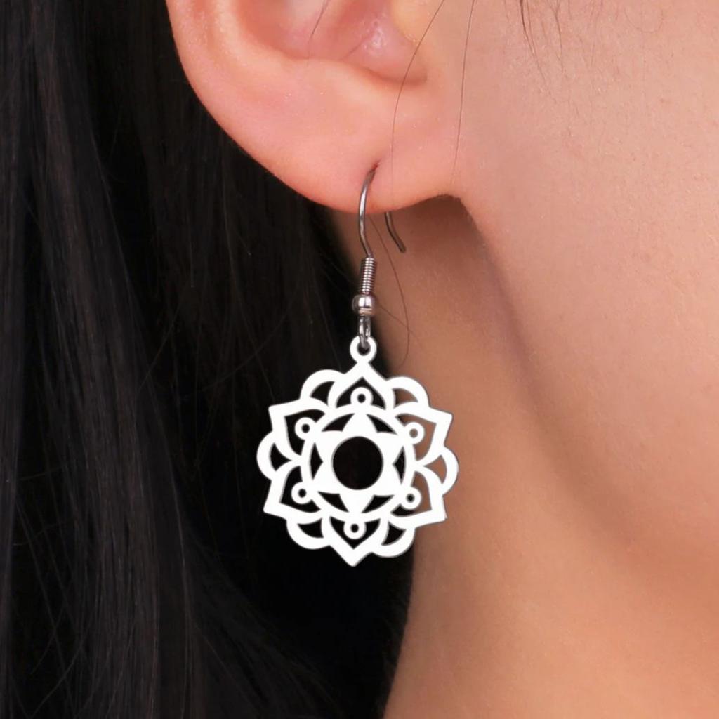 LIKGREAT Stainless Steel Lotus Flower Earrings Elegant Mandala Chakra Drop Pendant Women Healing Buddha Spiritual Yoga Jewelry