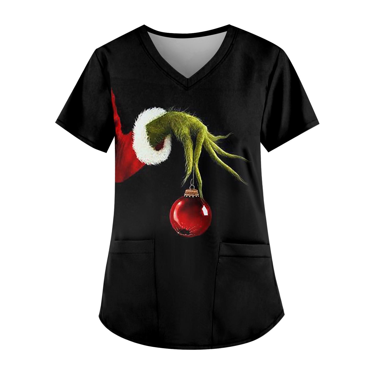

Plus Size Printed Scrub Working Uniform Tops For Women s Cross V Neck Print Short Sleeve Fun T-Shirts Workwear Tee With Pockets XXXXL чорний
