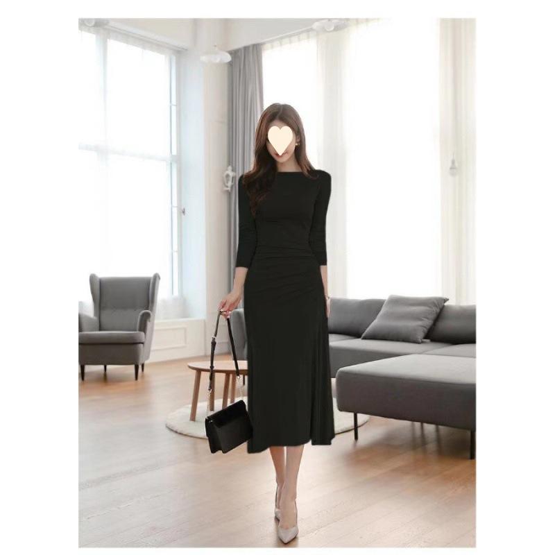 

One-word shoulder folds irregular hip-wrapped long dress women s autumn new slim and thin temperament celebrity base dress 2XL