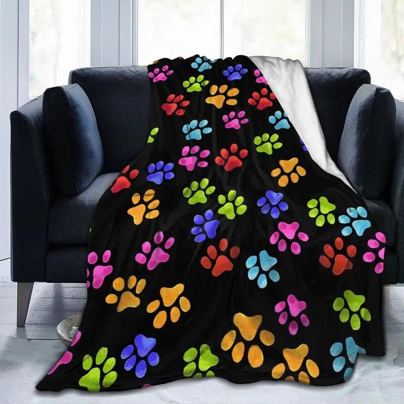 Dog Paw Print Flannel Fleece Throw Blanket for Bed Sofa Travel Camping Lightweight Soft Warm Cozy Plush Blankets for All Seasons