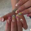 Almond Press On Manicure Set with Blush Pink False Nail Pieces, Raised Flower Art, Gold Line Design, and Adhesive Tabs for Evening Outfits and Parties