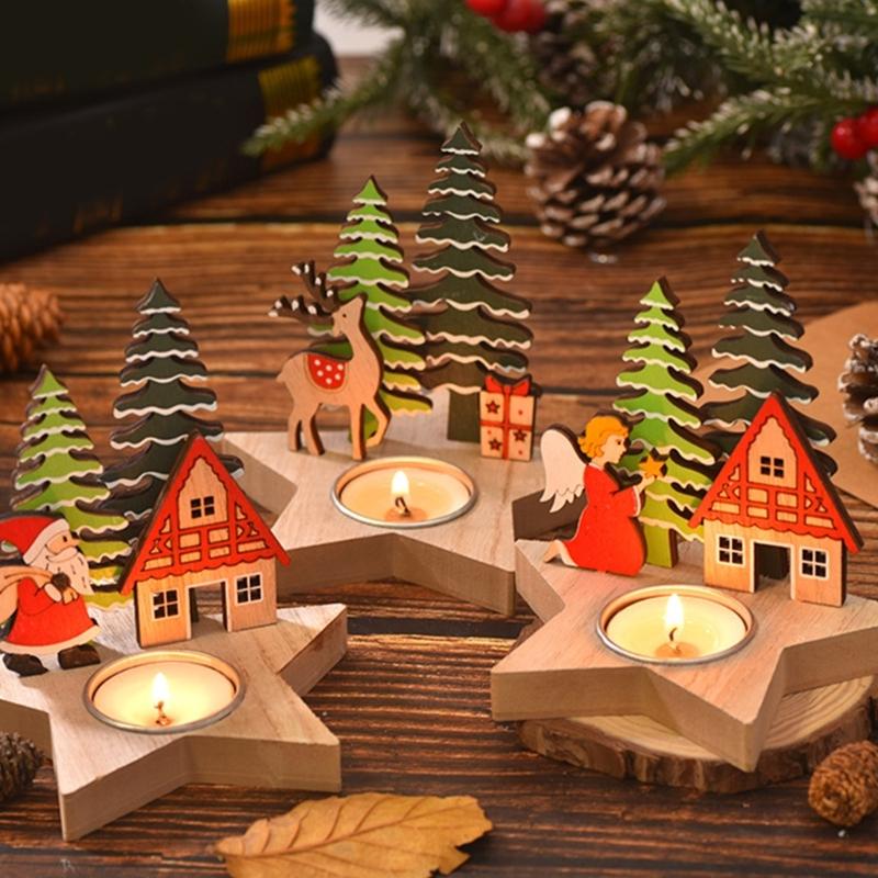 Wood Candlestick Candle Holder with Santa Elk Carving Optional Perfect for Christmas Decoration