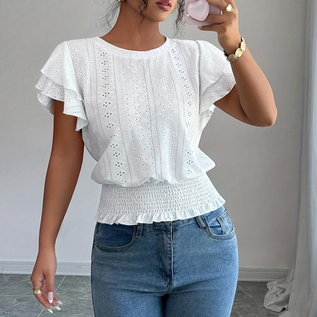 Women's Casual Hollow-out Sleeve Round Neck Short-sleeved T-shirt Top