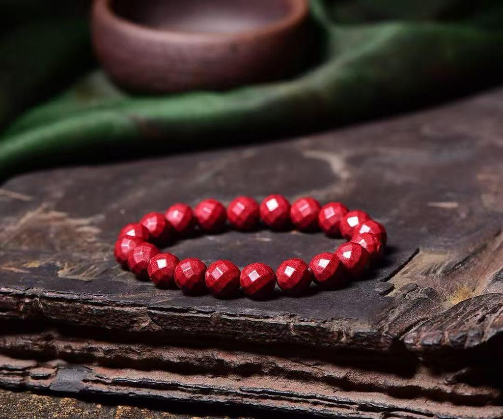 Cinnabar Fortune Gourd Bead Bracelet - Faceted Old Style Wealth Charm for Benmingnian