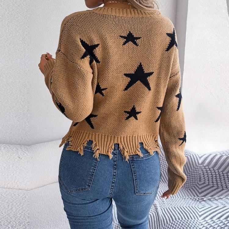 Knit Pullover Sweater Women Long Sleeve V Neck Casual Autumn Winter Star Cut